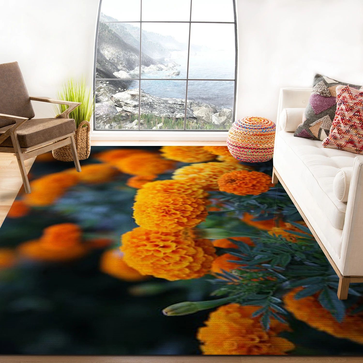 Orange Flowers With Green Leaves Art Rug, Living Room Rug - The US Decor - Indoor Outdoor Rugs 3