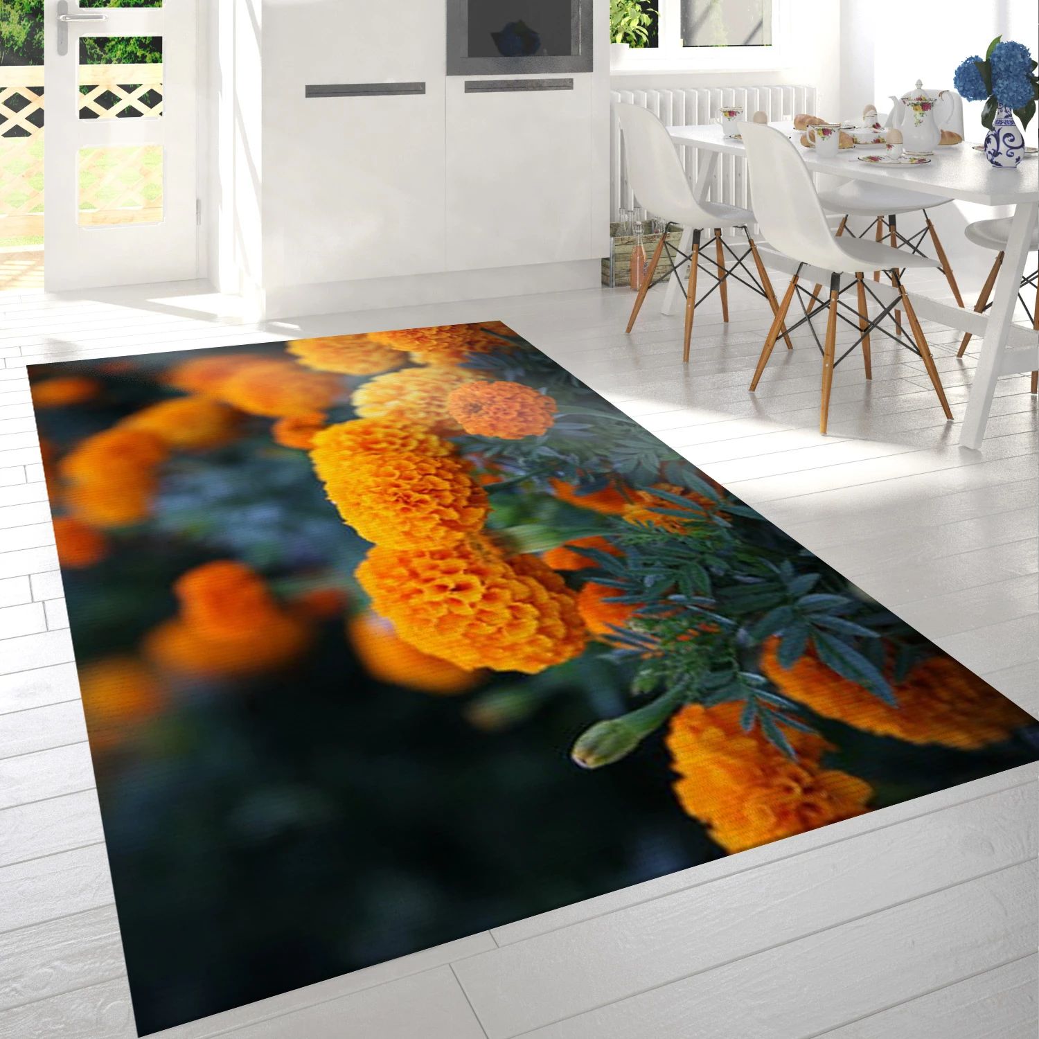 Orange Flowers With Green Leaves Art Rug, Living Room Rug - The US Decor - Indoor Outdoor Rugs 1
