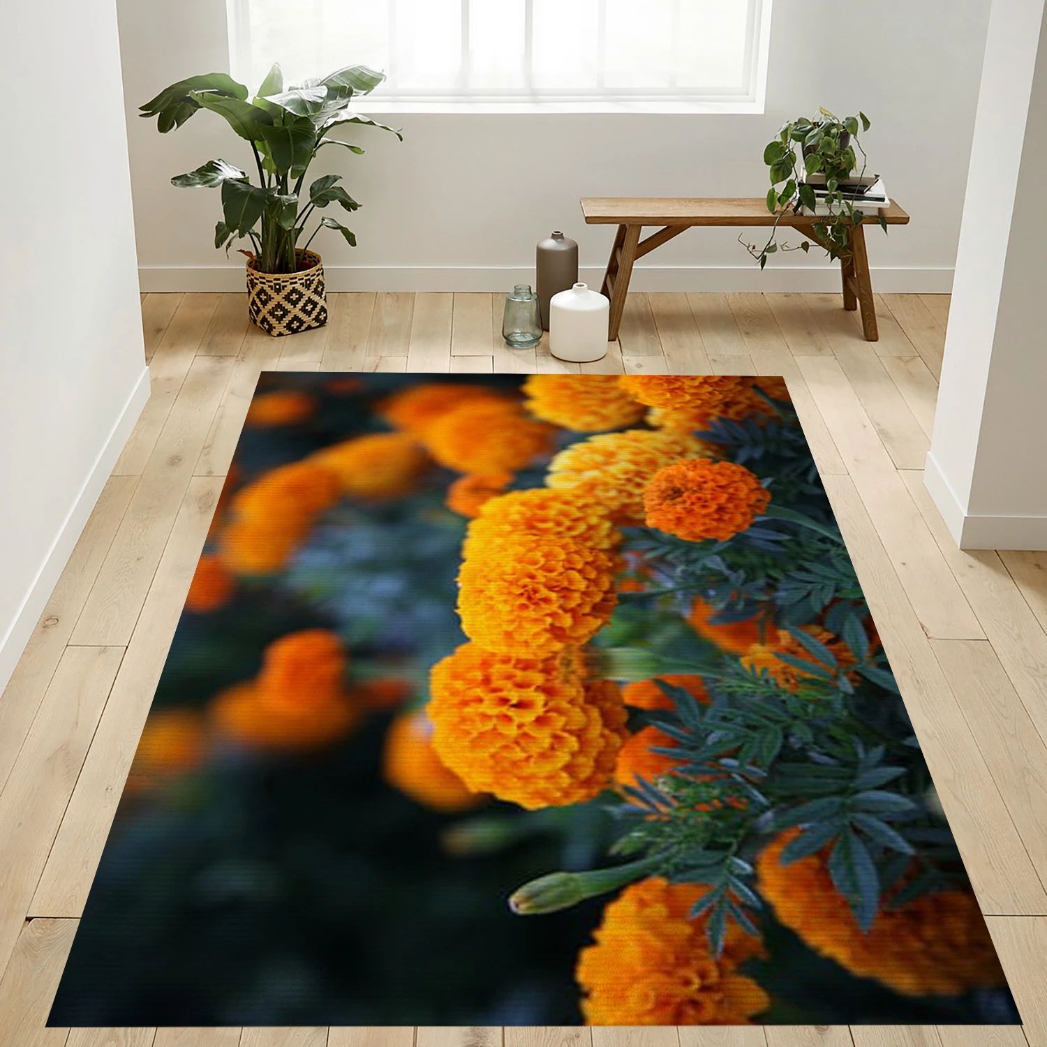 Orange Flowers With Green Leaves Art Rug, Living Room Rug - The US Decor - Indoor Outdoor Rugs 2