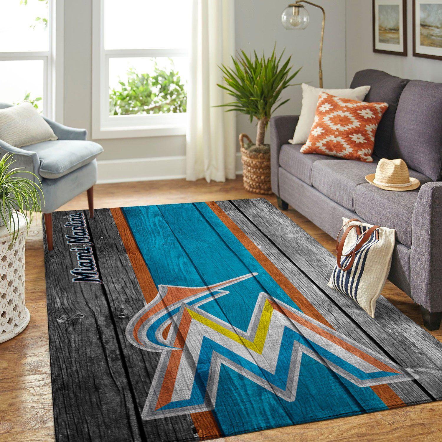 Miami Marlins Mlb Team Logo Wooden Style Style Nice Gift Home Decor Rectangle Area Rug - Indoor Outdoor Rugs 2