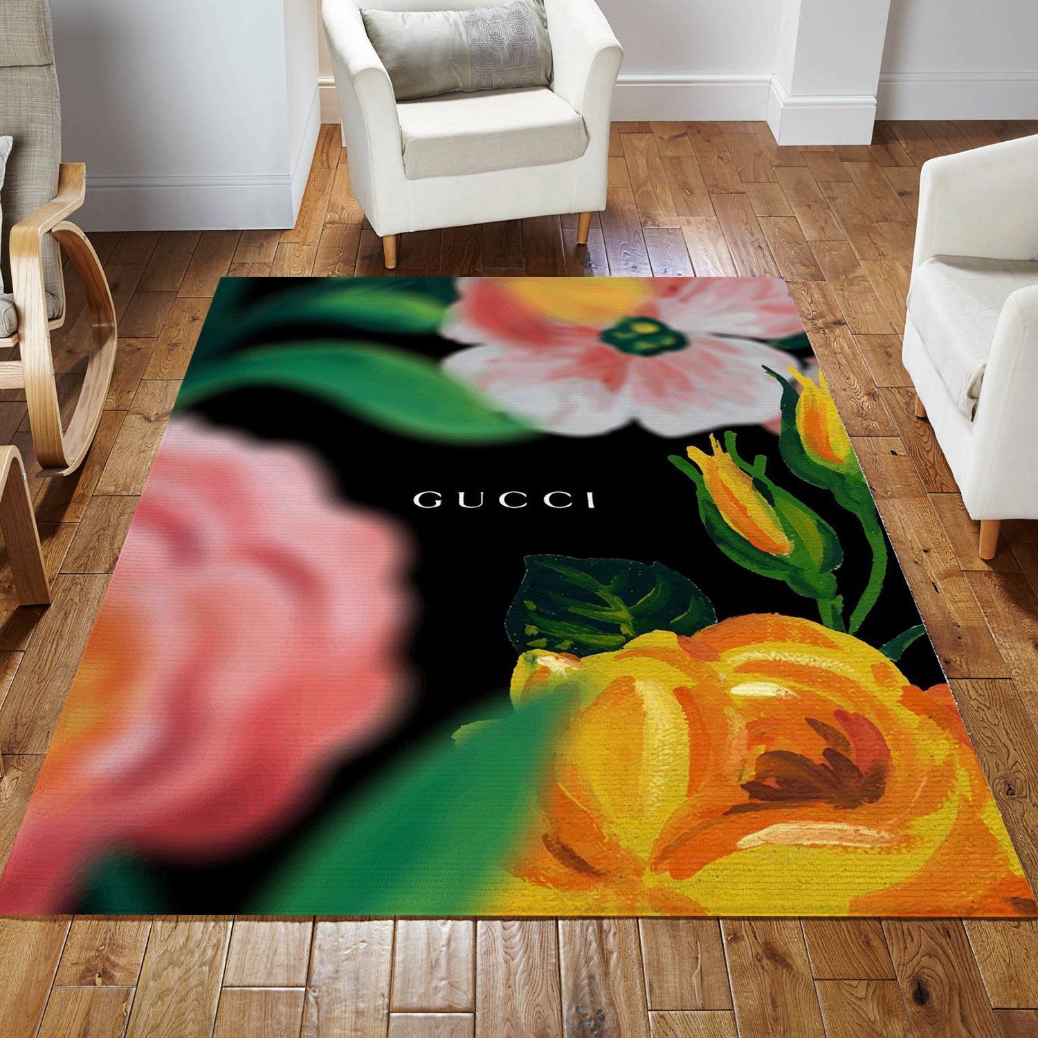 Gucci Flowers Area Rugs Living Room Rug Christmas Gift US Decor - Indoor Outdoor Rugs 3