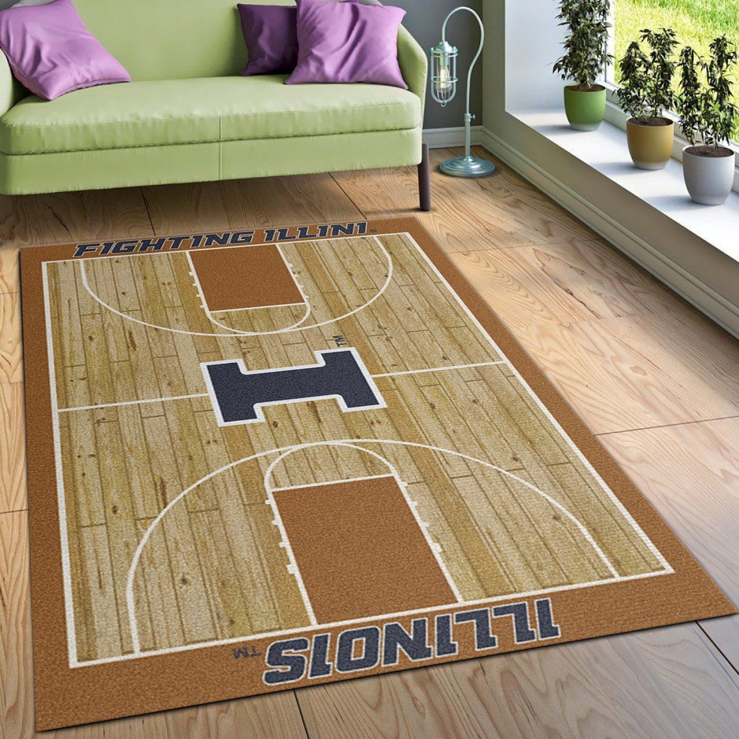 College Home Court Illinois Basketball Team Logo Area Rug, Living Room Rug, Family Gift US Decor - Indoor Outdoor Rugs 2