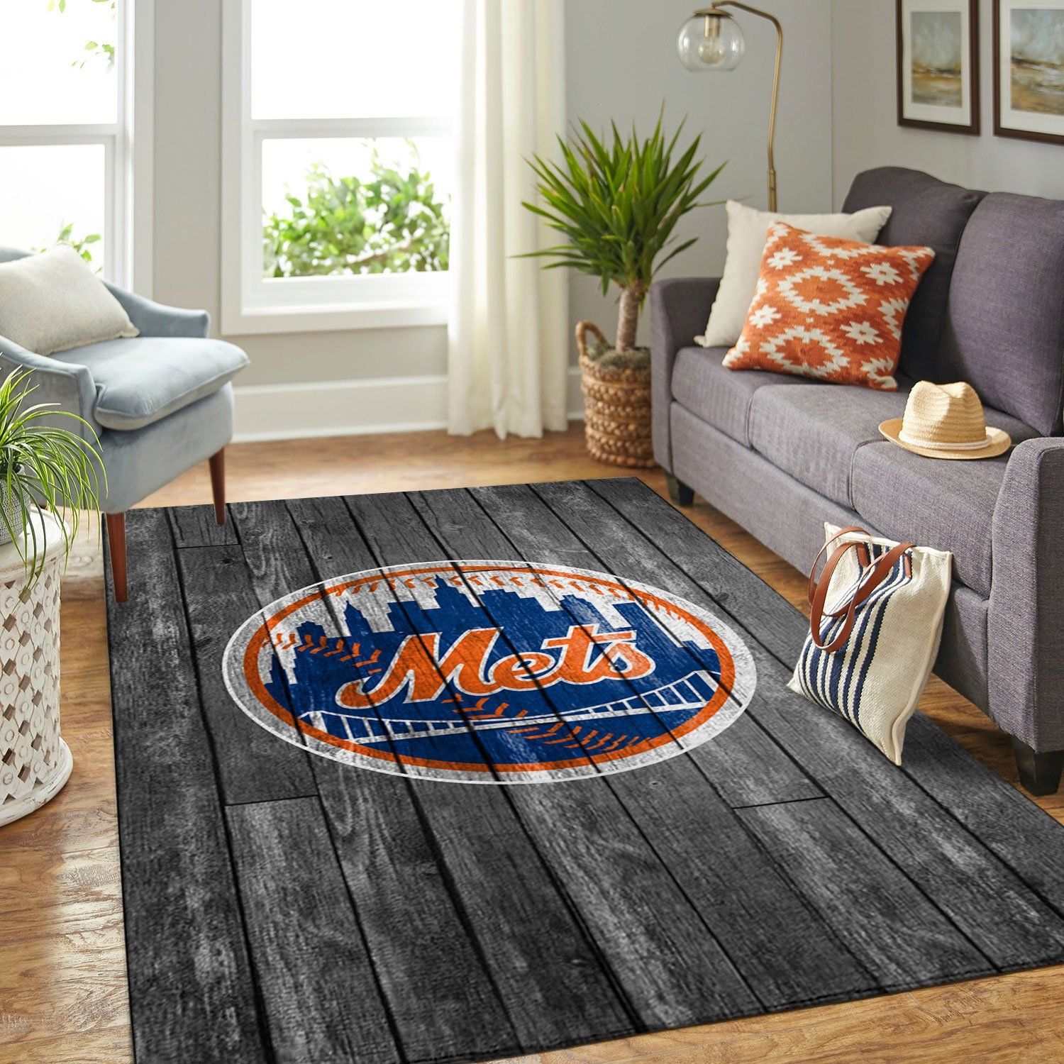 New York Mets Mlb Team Logo Grey Wooden Style Style Nice Gift Home Decor Rectangle Area Rug - Indoor Outdoor Rugs 2