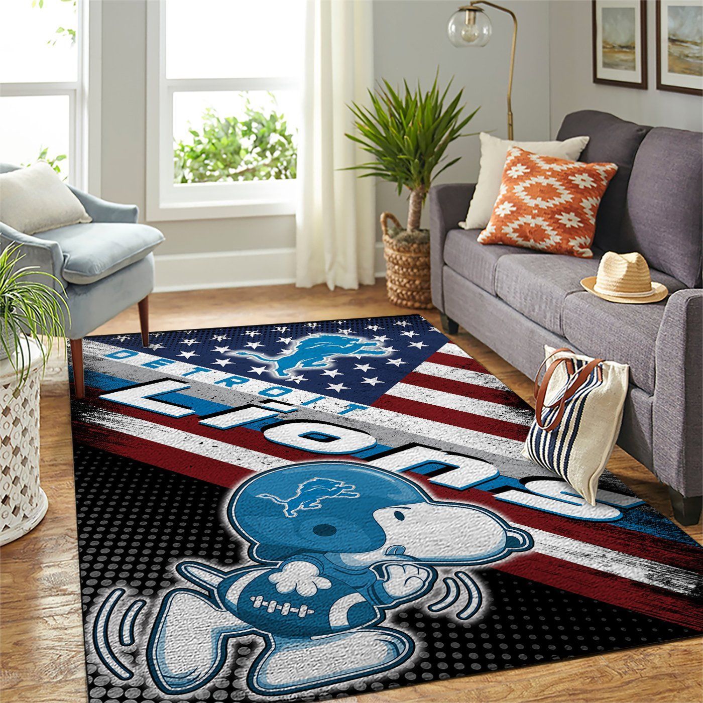 Detroit Lions Nfl Team Logo Snoopy Us Style Nice Gift Home Decor Rectangle Area Rug - Indoor Outdoor Rugs 1