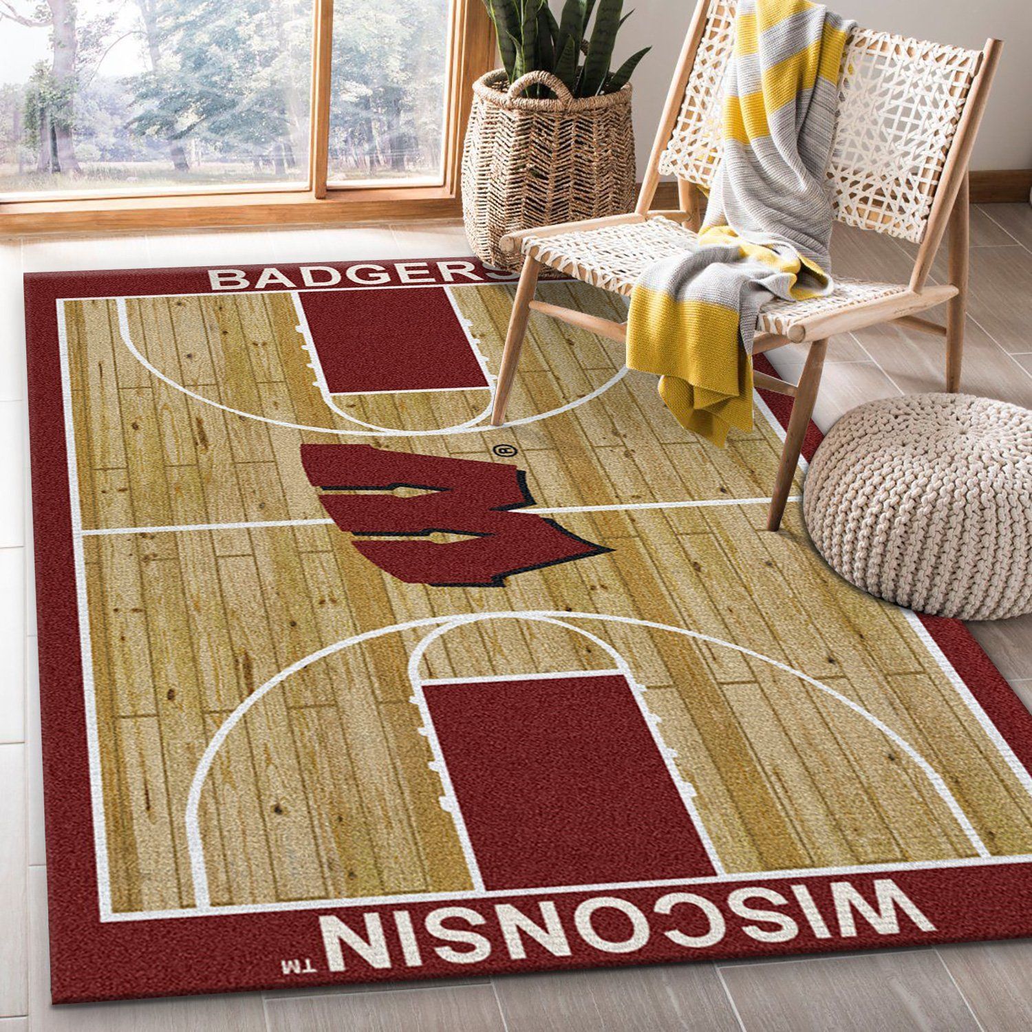 College Home Court Wisconsin Basketball Team Logo Area Rug, Living Room Rug, US Gift Decor - Indoor Outdoor Rugs 2