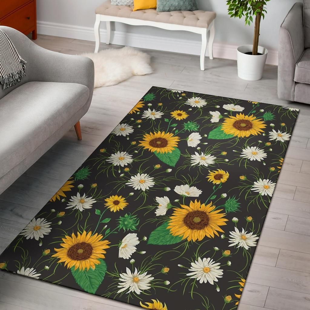 Sunflowers And White Chamomile Flowers Area Rug Chrismas Gift - Indoor Outdoor Rugs 1
