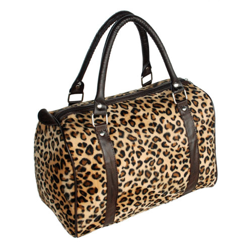 Coffee Leopard Fur Leatherette Double Handle Satchel Bag Handbag