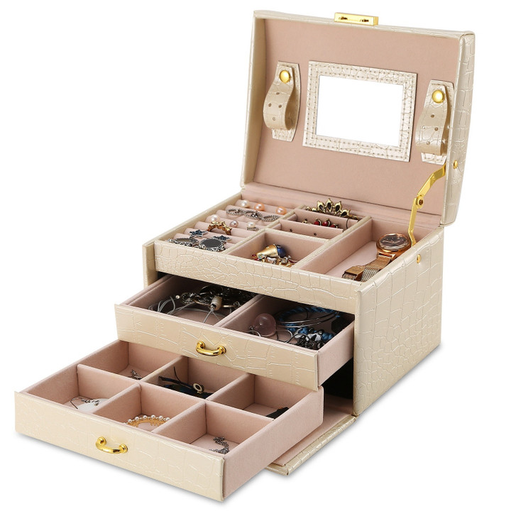Jewelry Case Organizer 3-layer Lockable Travel Jewelry Box PU Leather Storage Display Case with Mirror Protective