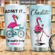Custom Name Flamingo Riding Bike Personalized Stainless Steel Tumbler Cup, Gift For Flamingo Lover Steel Tumbler