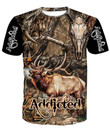 Moose Elk Hunting Addicted Unisex 3D T-shirt, Deer Hunt Camo Skull Deer Gift All Over Print Shirt