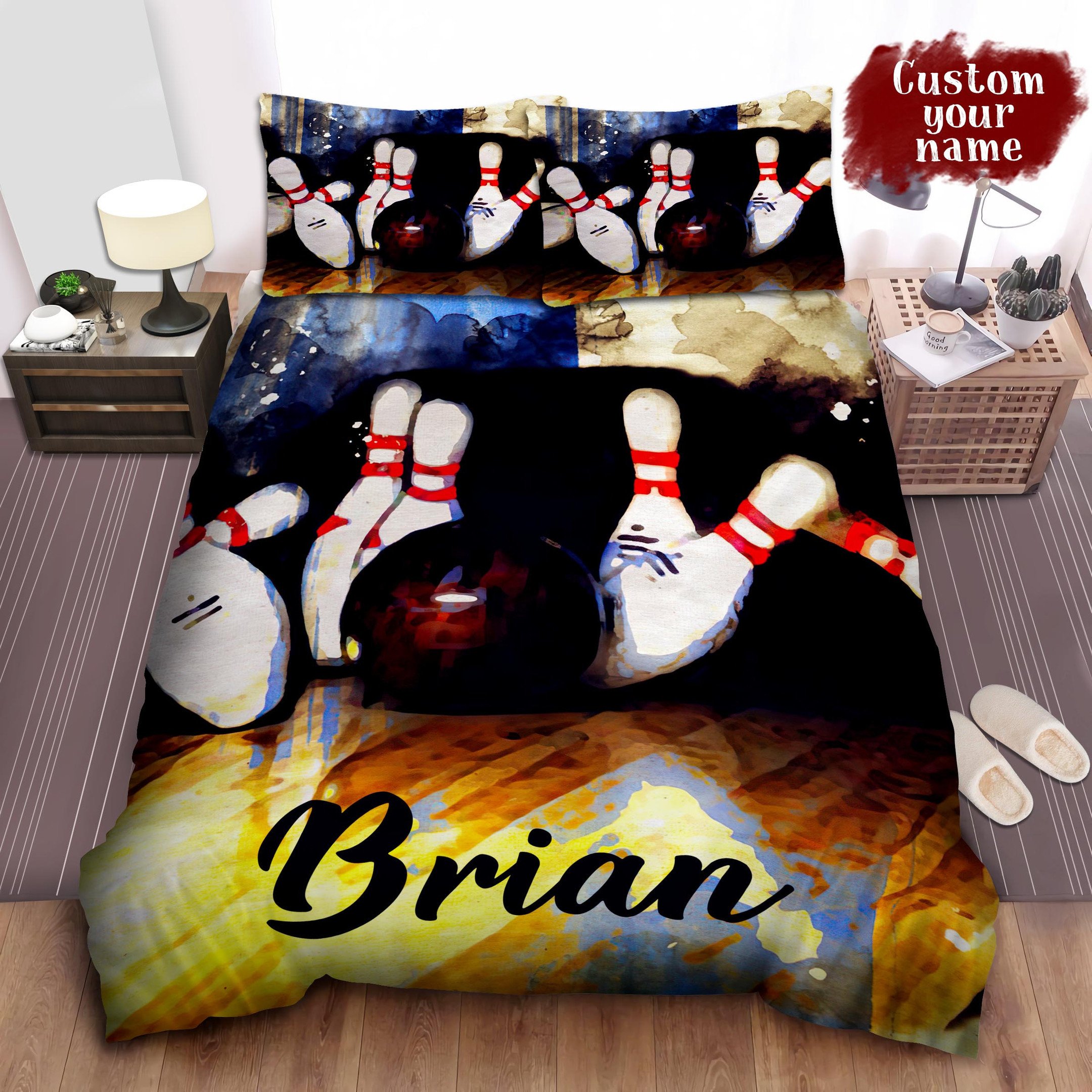 Personalized Bowling Pins & Ball Watercolor Artwork Bed Sheets Spread Comforter Duvet Cover Bedding Sets