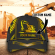 Custom Name Yellow Excavator Heavy Equipment Black 3D Cap & Hat, 3D Baseball Cap, Classic Cap