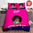Little Melanin Queen Black Girl Magic Little Girl With Puff Afro Ponytails Skating Custom Name Duvet Cover Bedding Set