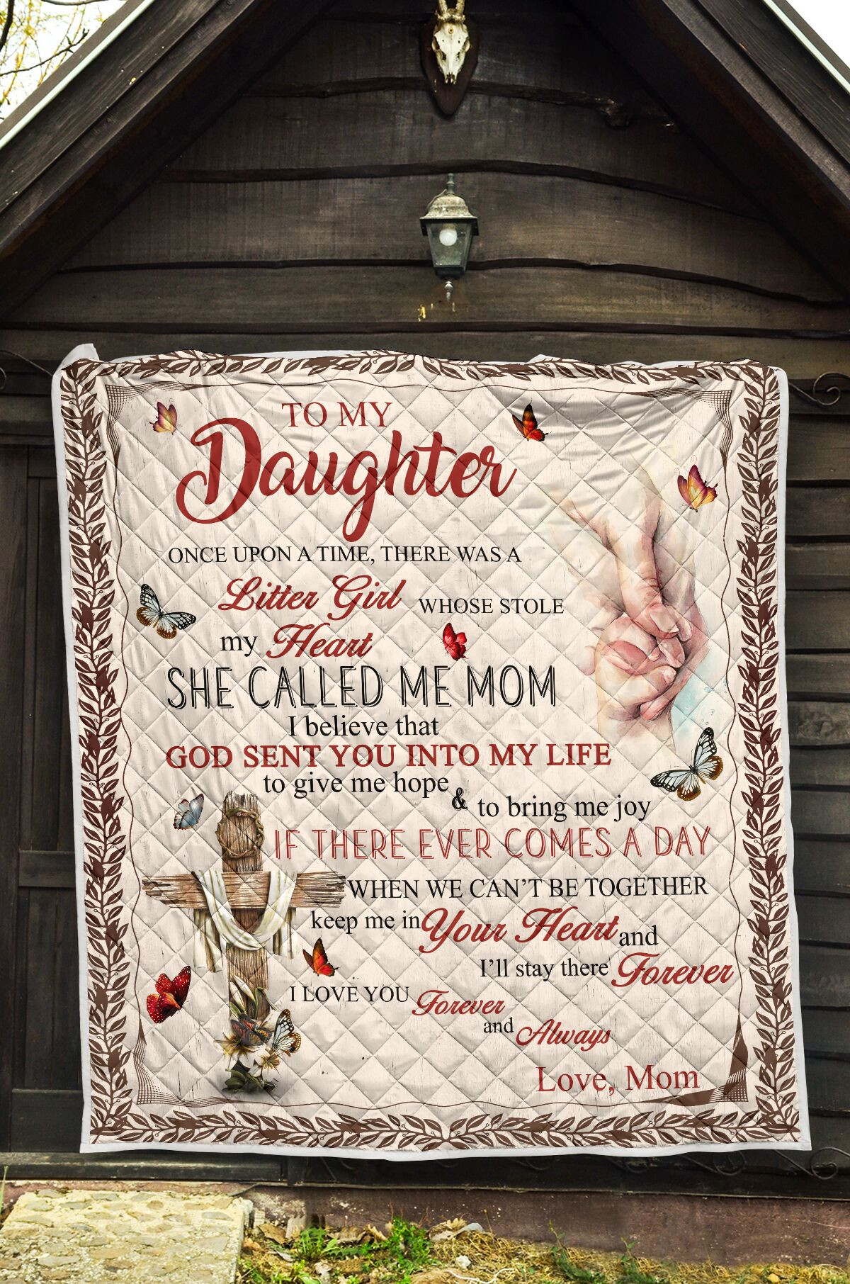 Personalized To My Daughter Who Stole My Heart From Mom Butterflies Flying Around A Cross Quilt Blanket Great Customized Blanket Gifts For Birthday Christmas Thanksgiving