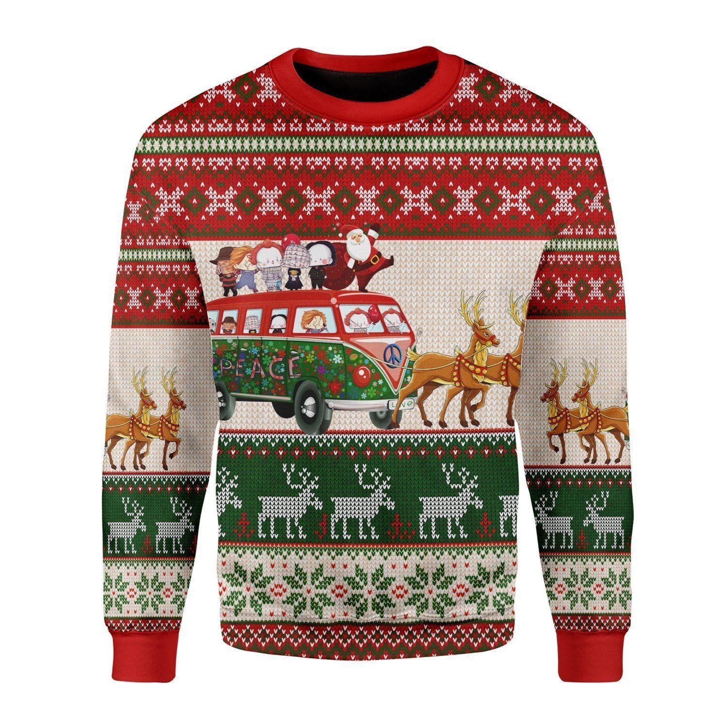 Christmas Snowflake Pattern Bus Santa Claus And Kids Sleigh Pulled By Reinder For Unisex Ugly Christmas Sweater, All Over Print Sweatshirt