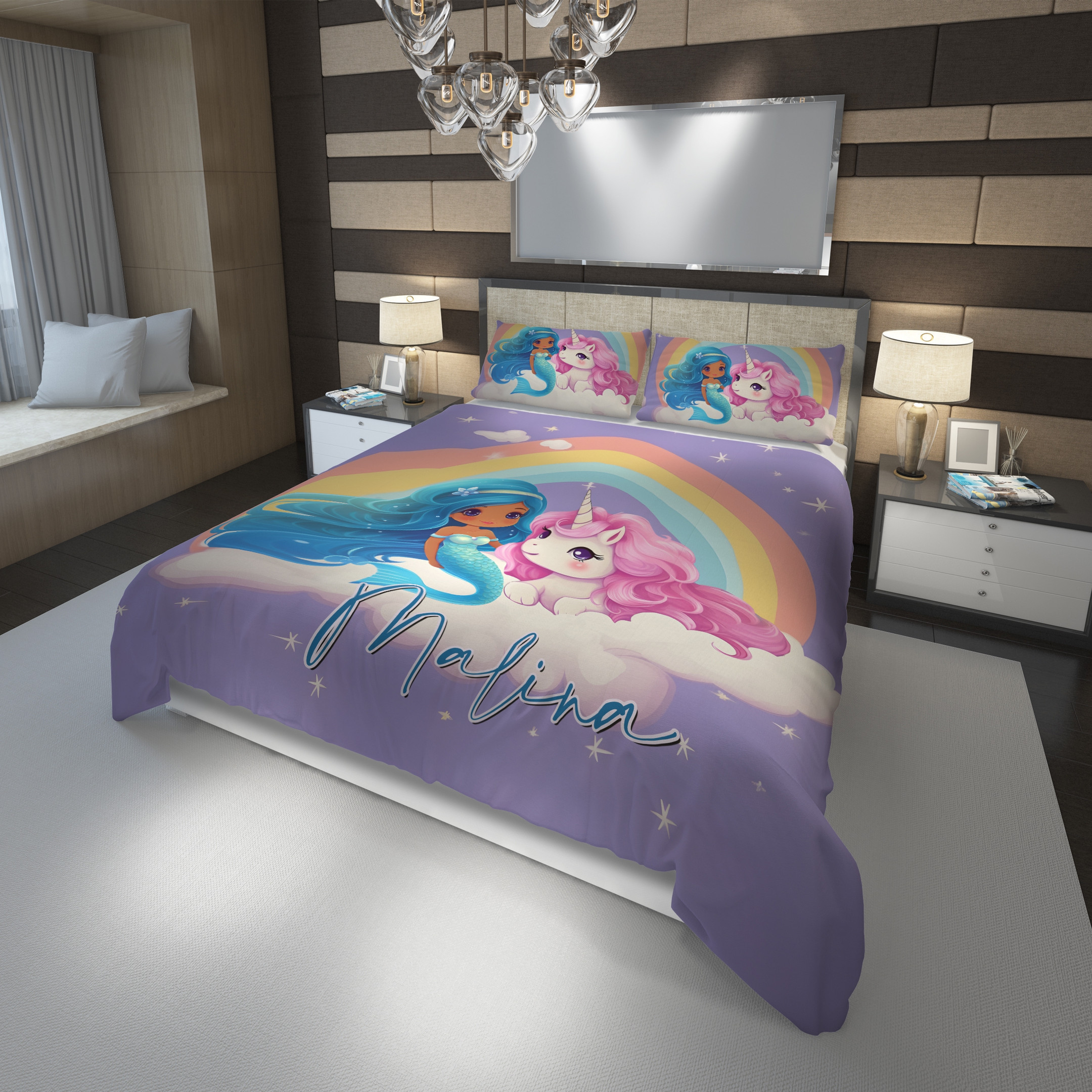 Personalized Cute Black Mermaid And Unicorn Duvet Cover Bedding Set