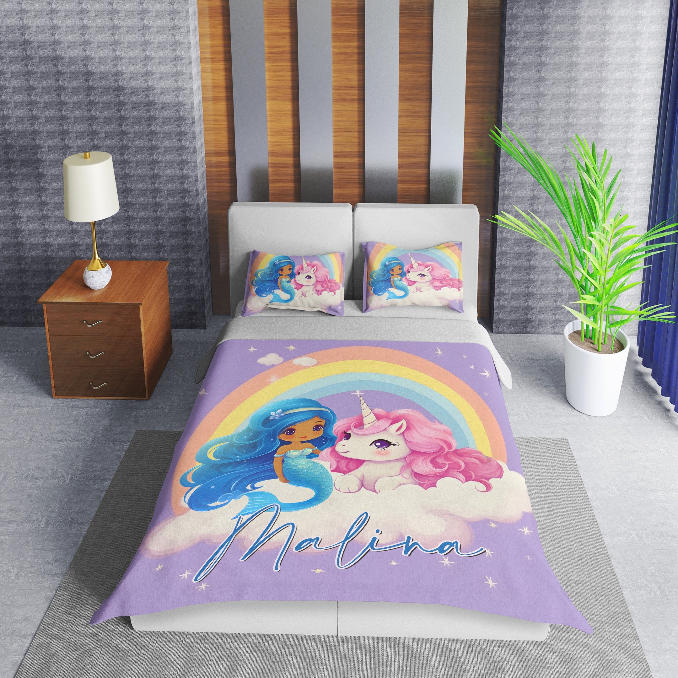 Personalized Cute Black Mermaid And Unicorn Duvet Cover Bedding Set