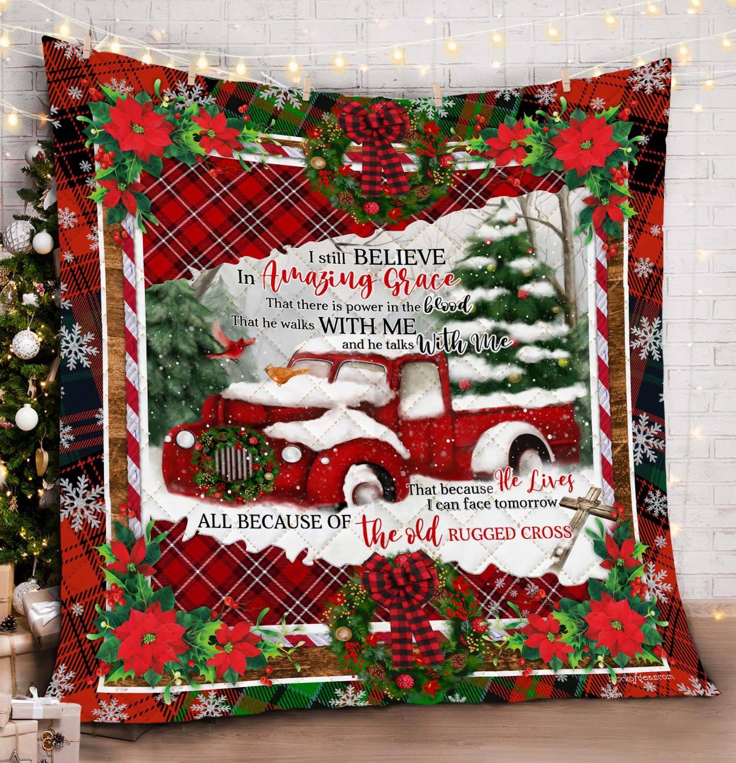 Red Truck All Because Of The Old Rugged Cross Quilt Blanket Great Customized Blanket Gifts For Birthday Christmas Thanksgiving