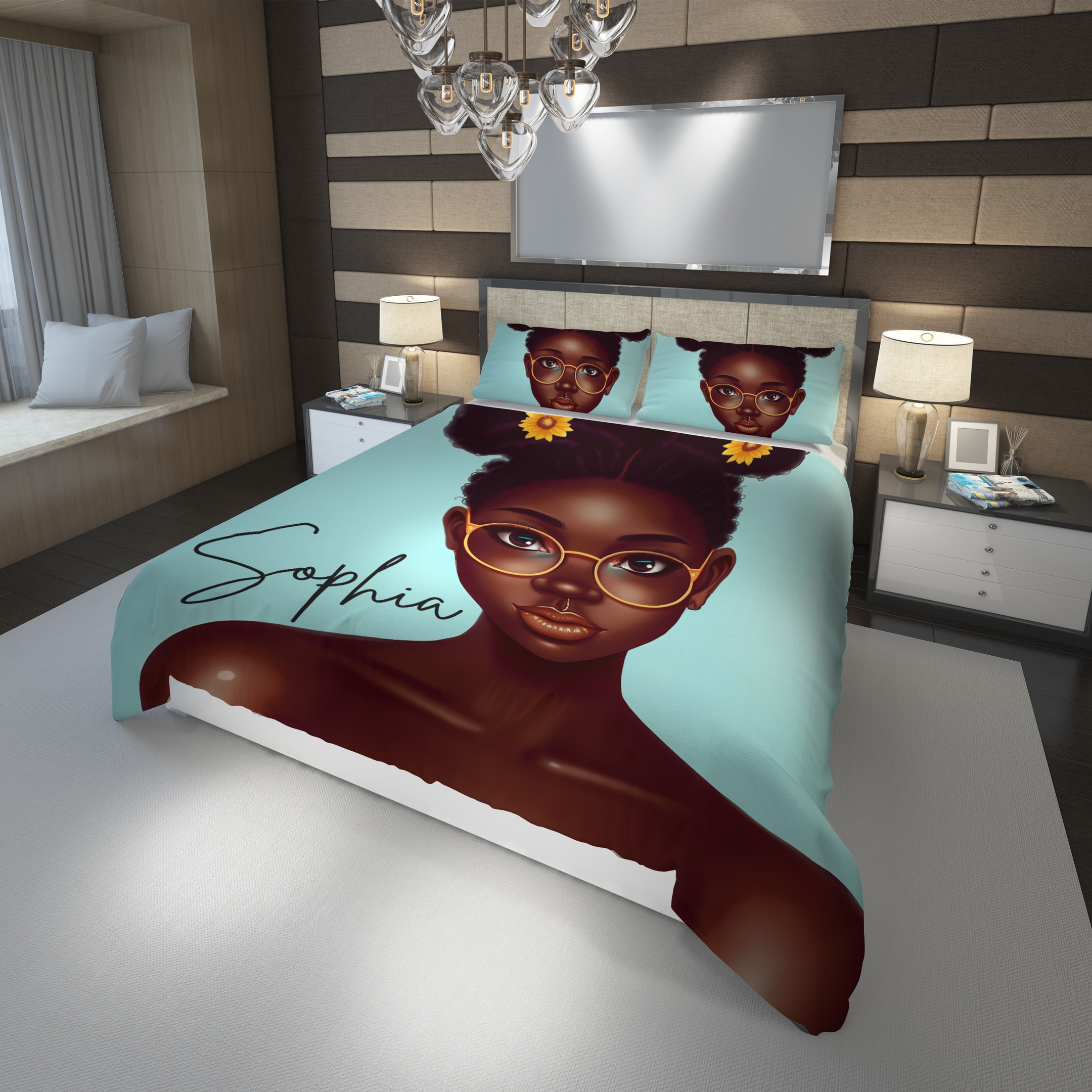 Personalized Black Girl With Glasses And Sunflowers On Her Hair Duvet Cover Bedding Set