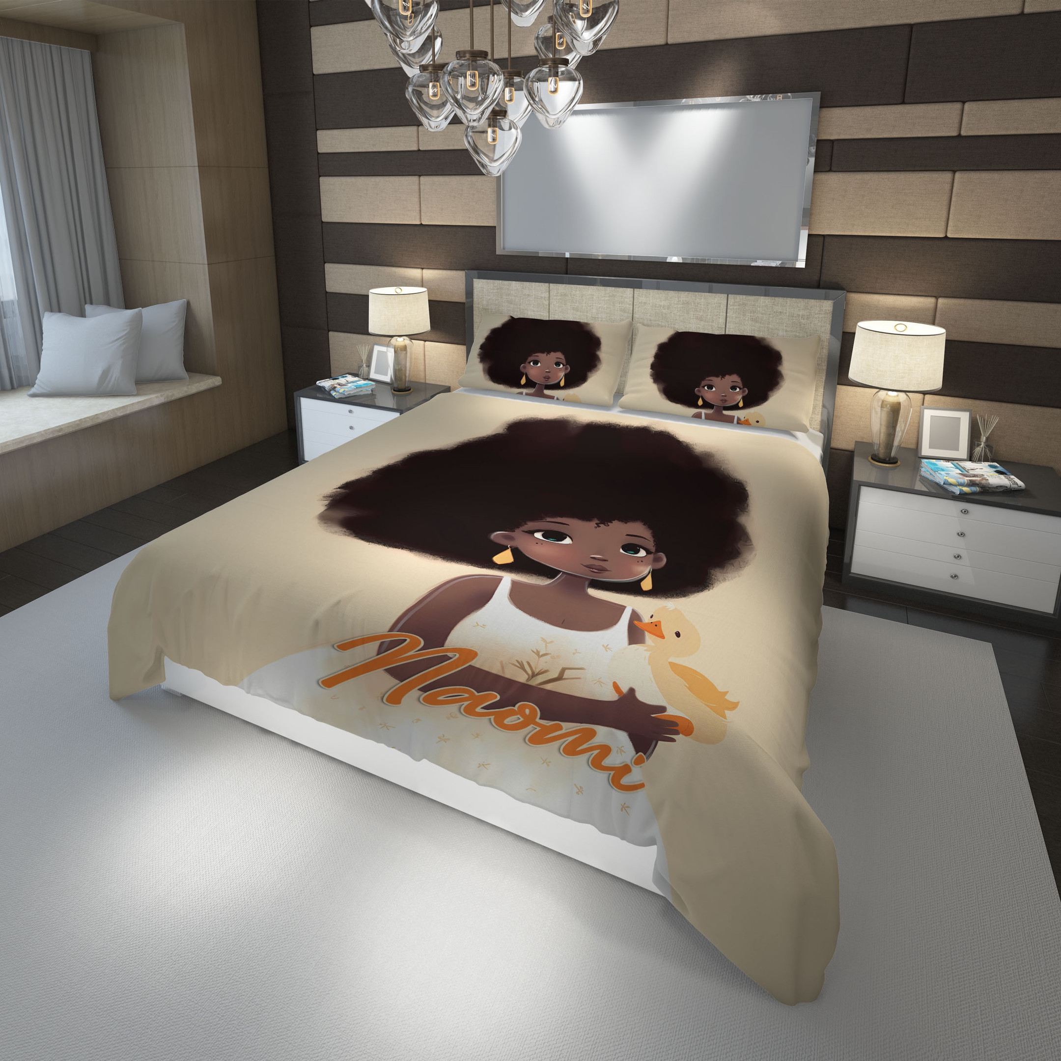 Personalized Black Little Girl Gorgeous Afro With Duck Duvet Cover Bedding Set