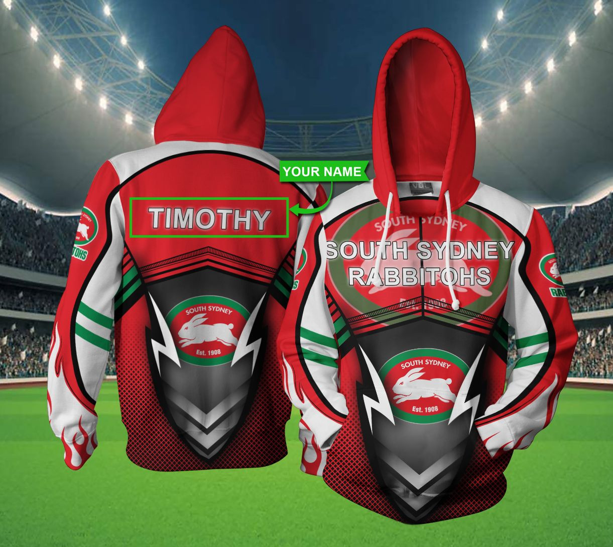 Personalized 3D Hoodie South Sydney Rabbitohs Mockupnew Custom Name 3D All Over Print Hoodie, Zip-Up Hoodie