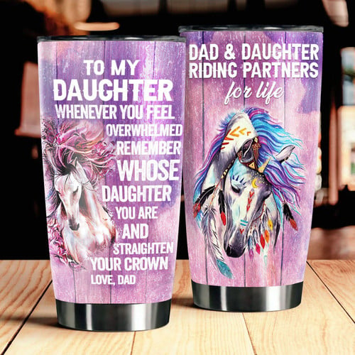 Personalized Dad To My Daughter Tumbler Dad & Daughter Riding Partners Stainless Steel Vacuum Insulated Double Wall Travel Tumbler With Lid, Tumbler Cups For Coffee/Tea, Perfect Gifts For Daughter
