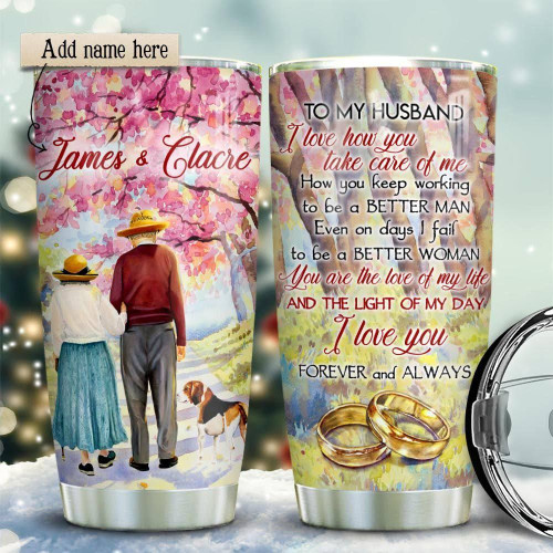 Old Couple With Beagle Retriever Tumbler Cup To My Husband I Love How You Take Care Of Me Stainless Steel Vacuum Insulated Tumbler 20 Oz Best Gifts For Husband On Valentine Anniversary Birthday