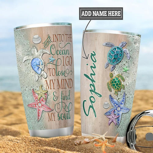 Personalized Gemstone Sea Turtles And Starfishes Tumbler And Into The Ocean Tumbler Gifts For Ocean Lovers, Sea Turtle Lovers 20 Oz Sports Bottle Stainless Steel Vacuum Insulated Tumbler