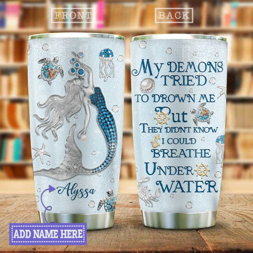 Personalized Mermaid And Sea Creatures Jewelry Style Tumbler My Demon Tried To Drown Me Tumbler Gifts For Mermaid Lovers 20 Oz Sports Bottle Stainless Steel Vacuum Insulated Tumbler