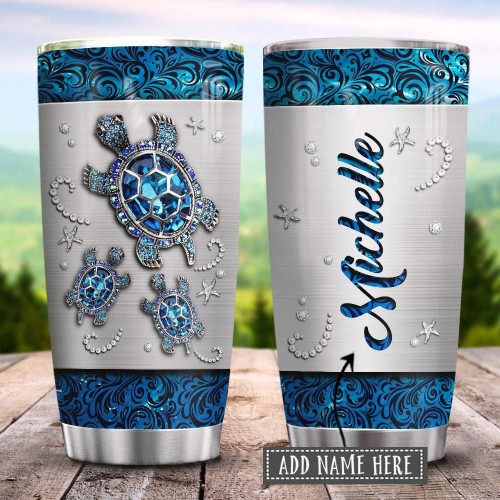 Personalized Gemstone Sea Turtle Sapphire Tumbler Elegant Gifts For Turtle Lovers 20 Oz Sports Bottle Stainless Steel Vacuum Insulated Tumbler