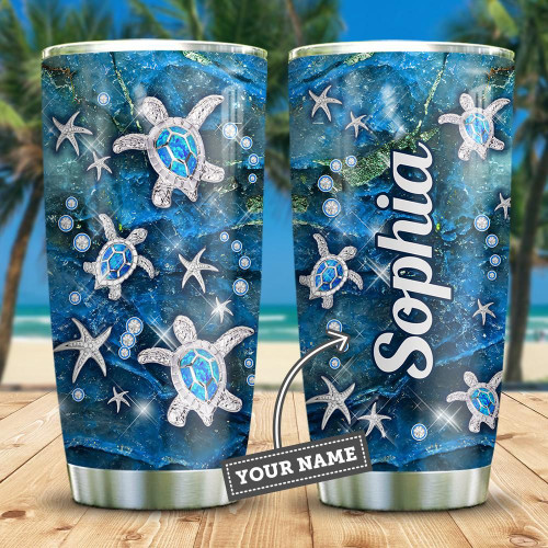 Personalized Blue Gemstone Sea Turtles Tumbler Gifts For Sea Turtle Lovers On Birthday Christmas Thanksgiving 20 Oz Sports Bottle Stainless Steel Vacuum Insulated Tumbler