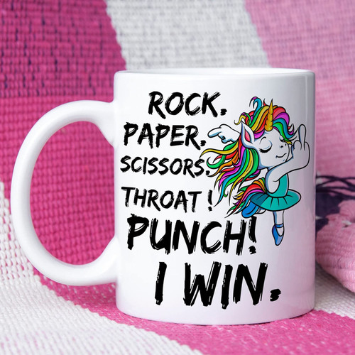 Rock, Paper, Scissors Throat Punch I Win Funny Unicorn Mug Ceramic 11oz 15oz Gifts For Women Girls Her Unicorn Lover From Him Friends Colleges On Birthday Christmas Anniversary