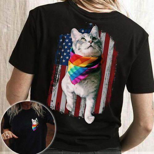 Cat Lgbt Pride Usa Flag American Lgbt Community Unisex 3D T-shirt, Love Pet Kitten Gift All Over Print Shirt