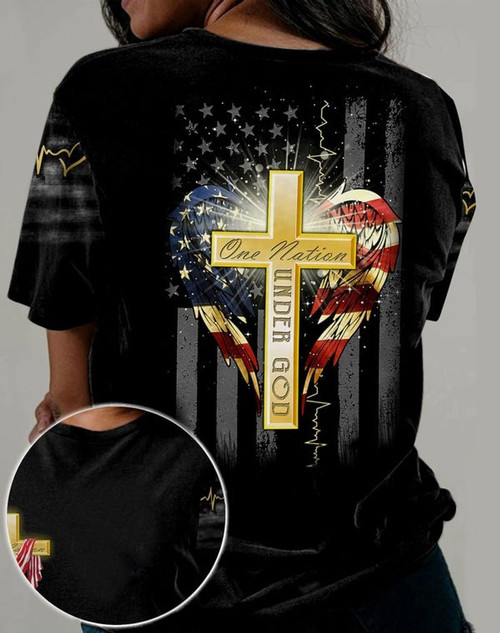 Gold Cross Us Flag Wings One Nation Under God Unisex 3D T-shirt, God Lover Gift All Over Print