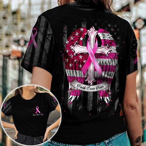 Breast Cancer Pink Ribbon Unisex 3D T-shirt, Breast Cancer Cross Wings Faith Over Fear Gift All Over Print Shirt