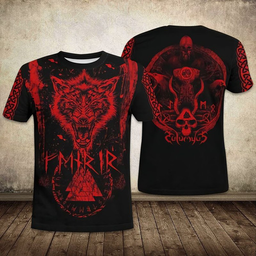The Roaring Wolf Fenrir On Fire On Black Cover Unisex 3D T-shirt, Warrior Style Bias Gift All Over Print Shirt