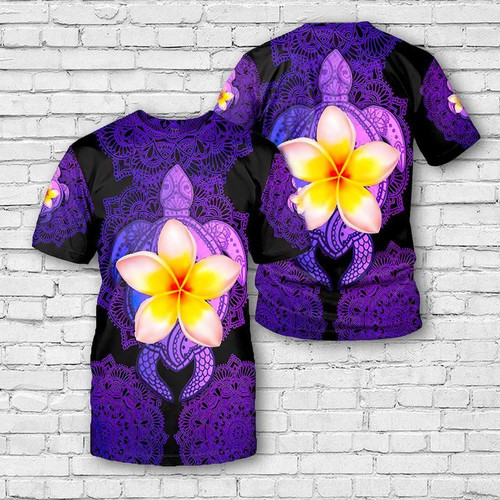 Hawaii Sea Turtle Plumeria Purple Mandala Unisex 3D T-shirt, Turtle Lovers Gift All Over Print Shirt