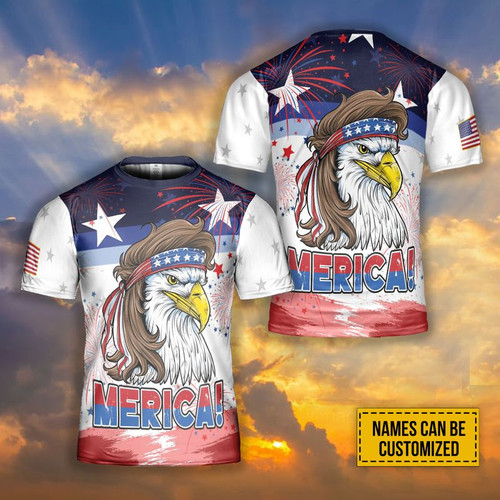 Customized Name Eagle America Proud Independence Day Unisex 3D T-shirt, Fireworks American Pride Gift All Over Print Shirt