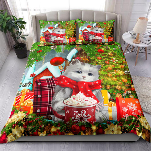 Kitten Drinking Milkshake On Christmas Day Bed Sheets Duvet Cover Bedding Set Great Gifts For Christmas Holiday