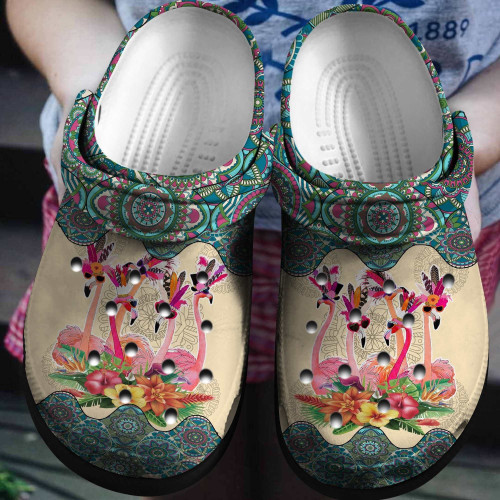 Boho Flamingo Vintage Classic Clogs Shoe, Gift For Lover Boho Flamingo Classic Clog Comfy Footwear