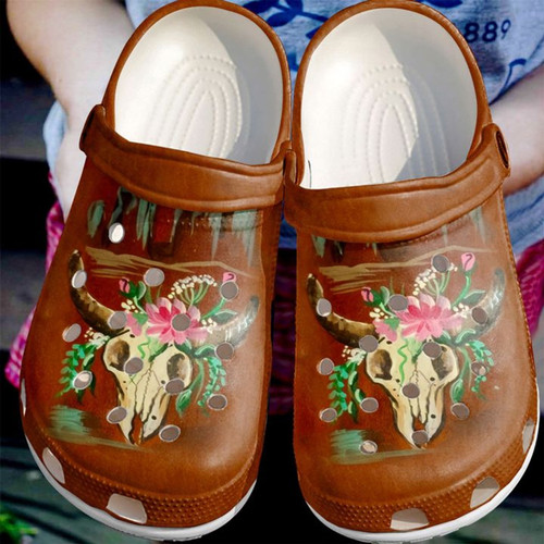 Boho Floral Skull Classic Clogs Shoe, Gift For Lover Boho Floral Skull Classic Clog Comfy Footwear