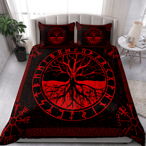 Viking Tree Of Life Yggdrasil Vegvisir Red Duvet Cover Bedding Set