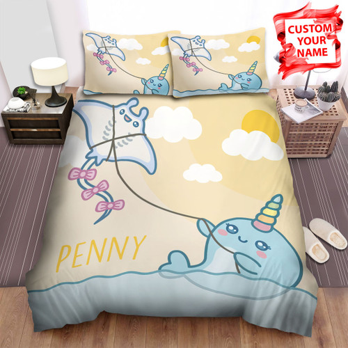 Personalized The Wild Animal - The Narwhal Playing Sting Ray Kite Bed Sheets Spread Duvet Cover Bedding Sets