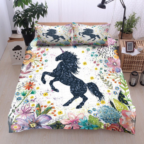 3D Black Unicorn Flower  Bed Sheets Spread  Duvet Cover Bedding Sets