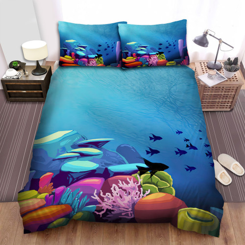 Fish Silhouette In Colorful Coral Reef Artwork Bed Sheets Spread Duvet Cover Bedding Sets