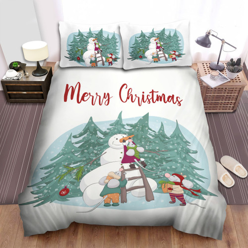 The Christmas Art - Mouse Building A Snowman Bed Sheets Spread Duvet Cover Bedding Sets