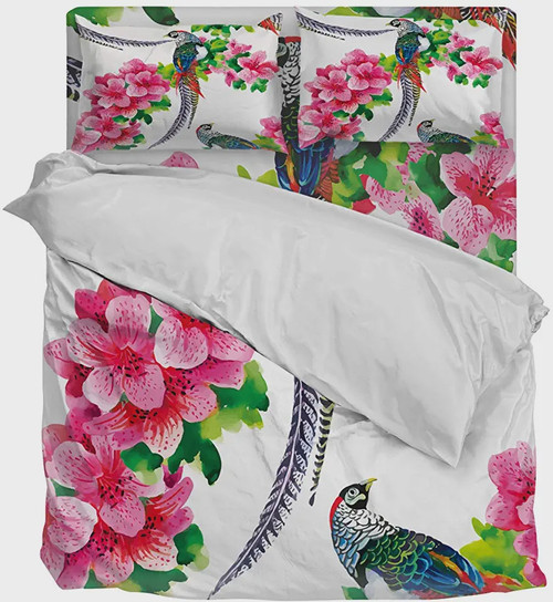 Rhododendron and Colorful Bird  Bed Sheets Spread  Duvet Cover Bedding Sets