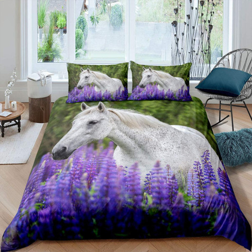Horse And Lavender Flower Duvet Cover Bedding Set
