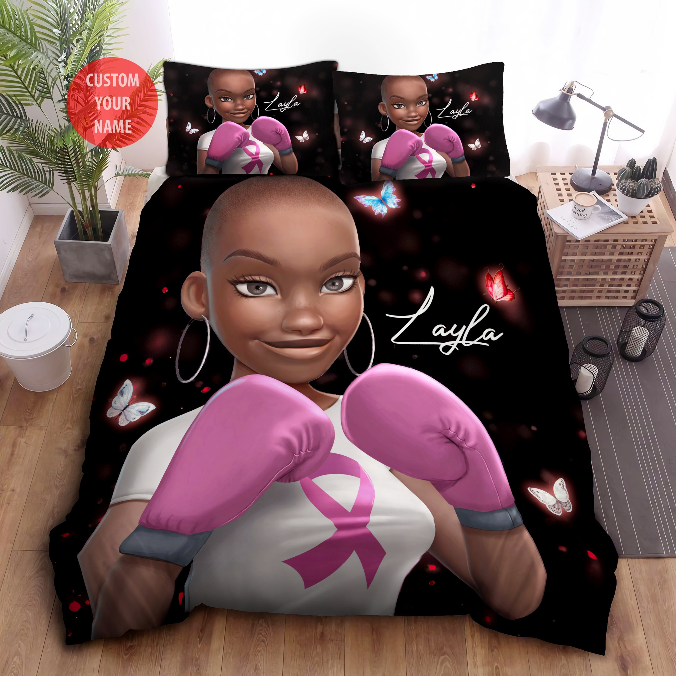 Personalized Black Girl Breast Cancer Awareness Duvet Cover Bedding Sets