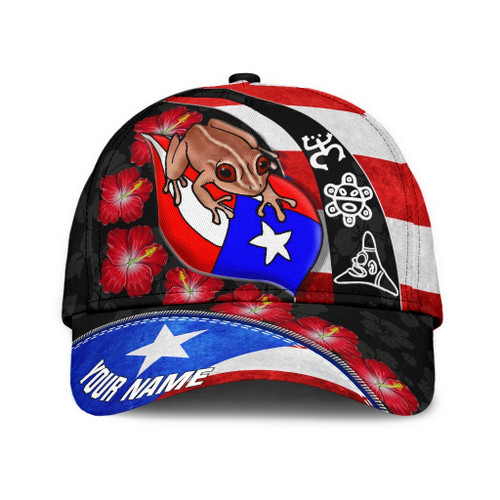 Customize Name Puerto Rico Coqui Maga Flower 3D Cap & Hat, 3D Baseball Cap, Classic Cap